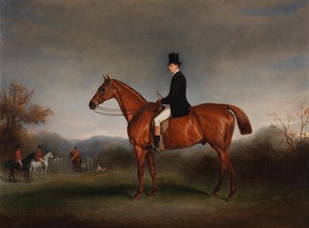 Equestrian portrait of a gentleman on a chestnut hunter, with other members of the hunt beyond