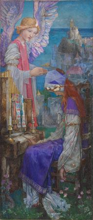 'Or in a clear-wall'd city on the sea Near gilded organ pipes, her hair wound with white roses, slept St.Cecily, An angel look'd at her'