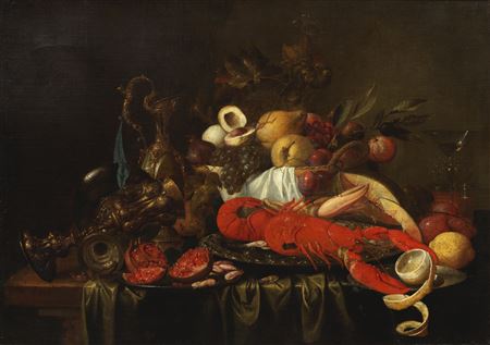 A still life with a lobster on a silver platter with fruit and silverware on a draped table; A still life with a silver tazza of fruit with a ham hock and a roemer of wine on a draped table (2)
