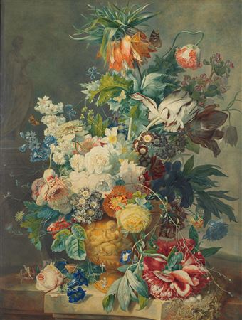 Still life with a Crown Imperial, tulips, roses and other flowers in a vase on a stone ledge with a bird nest by Albertus Jonas Brandt - Auction record, sale price, and art valuation. Compare with similar artists and explore comparable artworks.