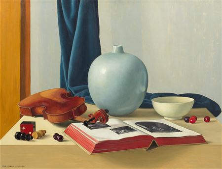 Natura morta con violino e vaso blu