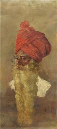 A Sikh man wearing a red turban