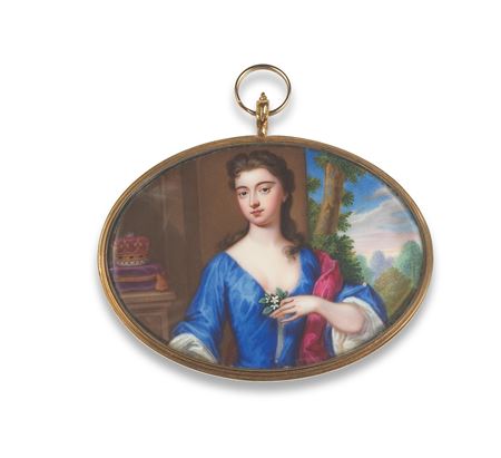 Katherine, Duchess of Buckingham (c.1681–1743), holding a spring of orange blossom, wearing blue gown with a white chemise and crimson drape, brown hair, half landscape background, a ducal coronet on a plinth to the left.