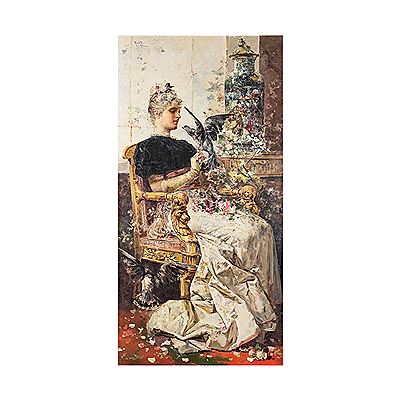 La dame jouant avec des oiseaux