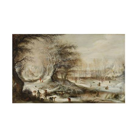 Paysage d'hiver avec pêcheurs et chasseurs au abords d'un village, et enfants jouant sur une rivière gelée