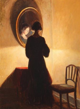 Interior with a woman at the mirror. by Paul Friis Nybo - Auction record, sale price, and art valuation. Compare with similar artists and explore comparable artworks.