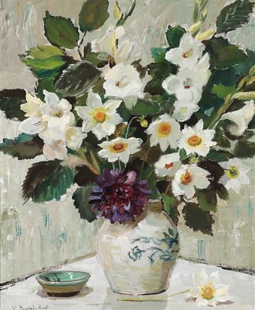 Still life with white flowers in a vase. by Matthias Peschcke-Koedt - Auction record, sale price, and art valuation. Compare with similar artists and explore comparable artworks.