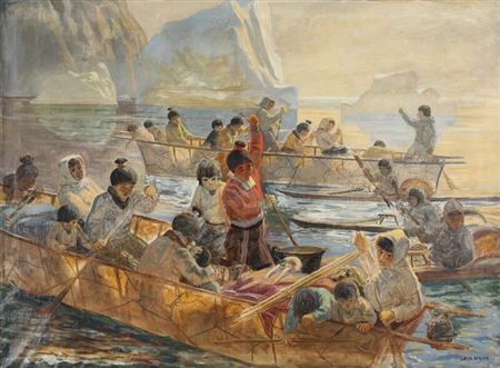 A Greenlandic fiord with umiaks and kayaks.