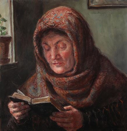 Interior with a elderly woman reading in a book