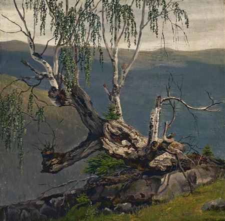 View of a mountainous landscape with an old birch tree in the foreground by Frederik Hansen Sodring - Auction record, sale price, and art valuation. Compare with similar artists and explore comparable artworks.