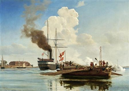 The steamboat Geiser and a canon boat in Alssund off Sønderborg Castle during the battle near Sundeved in 1848.