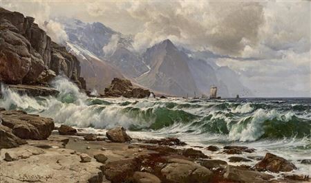 View from a mountainous coast with large waves crashing on the rocks by Laurits Holst - Auction record, sale price, and art valuation. Compare with similar artists and explore comparable artworks.