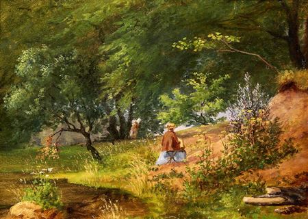 An artist sits and paints in a forest clearing, in the background a firewood collector.