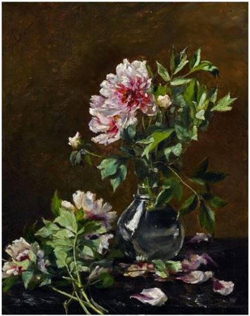 Still life with peonies in a glass vase. by Augusta Dohlmann - Auction record, sale price, and art valuation. Compare with similar artists and explore comparable artworks.