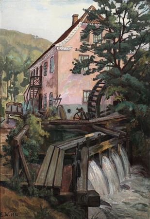View from a water mill, in the background a pink house