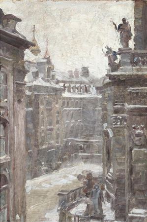 “Marmorkirken. Vinterdag”. View of the Marble Church on a winter day. Frederiksgade with The Marble Church (Frederiks Church) on the right and the spires of the Sct. Aleksander Nevskij Church on the right