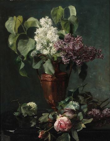 Still life with lilacs in a copper vase