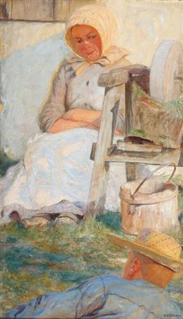 A farm girl and a man resting in the grass