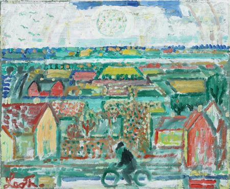 Three landscapes with figures and houses. (3)