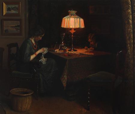 “Det mørknes. Interiør”. Interior with a woman and an young boy