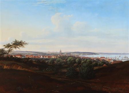 A Danish summer landscape with a view to Ã…rhus town. by Peder Holm - Auction record, sale price, and art valuation. Compare with similar artists and explore comparable artworks.