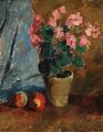 Still life with pink flowers and apples