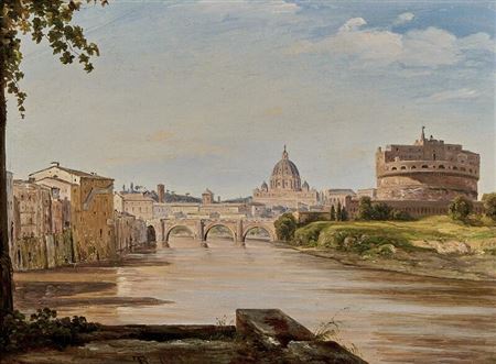 View of the river Tiber in Rome towards St. Peter's Basilica and Castel Sant'Angelo.