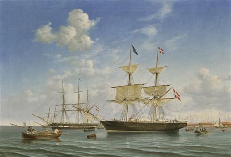 View from the harbour of Copenhagen with warships, merchant vessels and Frederik V's rigging-sheers on Holmen in the background.