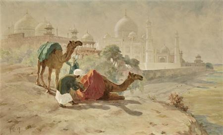 “Asiens stolthed”. The pride of Asia. Two men with their dromedaries by the river Yamuna, in the background the Taj Mahal by Hugo Vilfred Pedersen - Auction record, sale price, and art valuation. Compare with similar artists and explore comparable artworks.