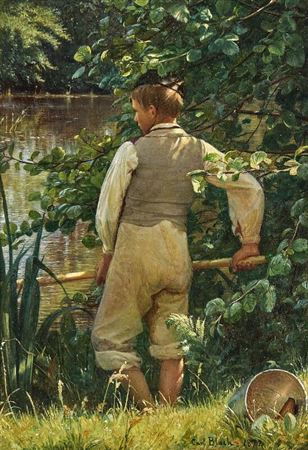 “En Dreng, der fisker”. A boy fishing.