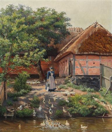 Farm exterior with a woman feeding ducks.