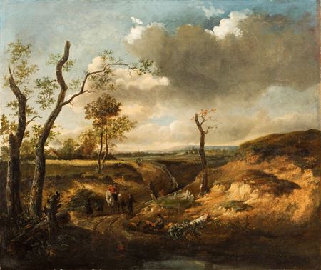 Hilly landscape with travelers.