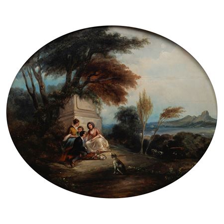 Company by antique column in southern landscape.