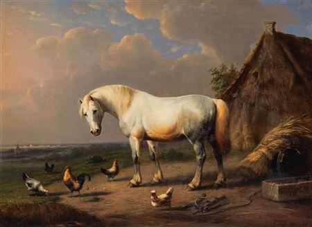 Cheval blanc Coq poules paysage