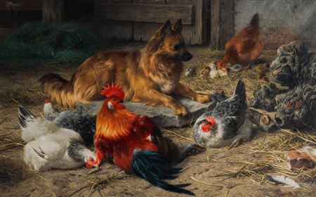 Shepherd dog with rooster and chickens