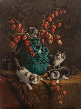 Four kittens by flower vase