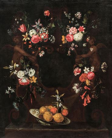 A flower and fruit still life with angels, garland of flowers and a Chinese Wan-li fruit plate