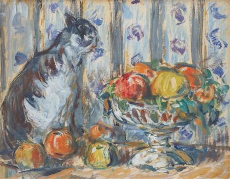 Cat by fruit basket.