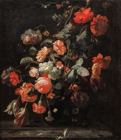 Flower still life with roses, tulips, poppies, and carnations