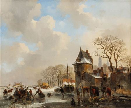 Winter landscape with figures on the ice at the city walls