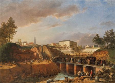 Demolition of the Antwerp city walls with the Begijnenpoort in front and the Sint-Jorispoort in back, October 1864 by Ferdinand De Braekeleer Sr - Auction record, sale price, and art valuation. Compare with similar artists and explore comparable artworks.