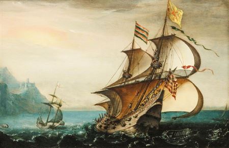 Two ships in front of a rocky coastline