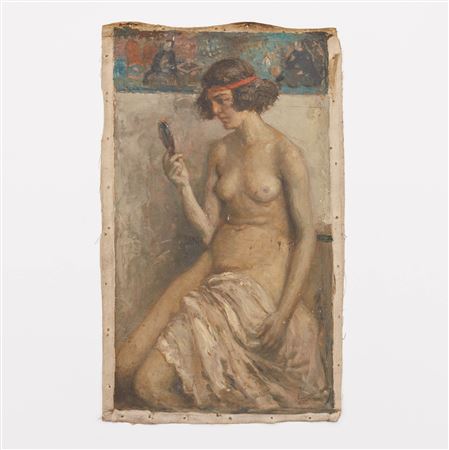 Nude with red hair ribbon and hand mirror.