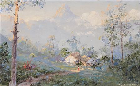 A mountainous landscape, thought to be in Sri Lanka (Ceylon)