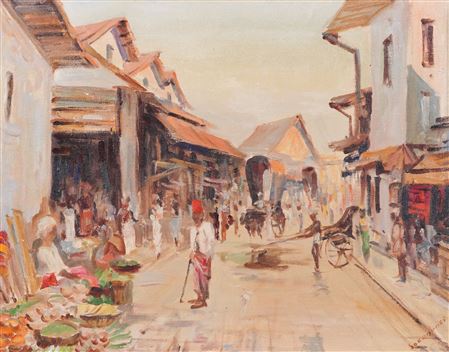 A busy street scene, thought to be in Sri Lanka (Ceylon)
