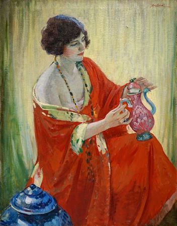 'A Woman in a Red Kimono Examining a Ceramic'