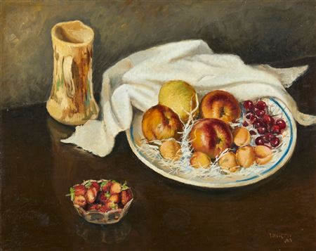 Still life with peaches, apricots, grapes, strawberries and jug