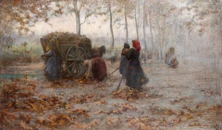 Carriage with farmers in foggy landscape
