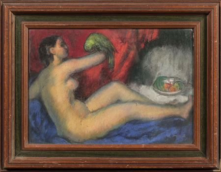 Naked woman with parrot.