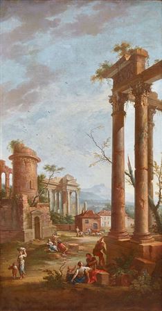 1 - Villagers resting amidst ancient ruins.2 - River and bridge landscape with walkers, villagers and fisherman reeling in his nets. (2)